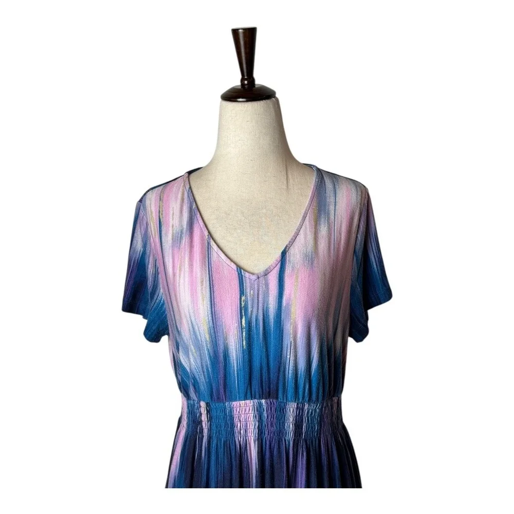 Soma Nightgown Women Medium Blue Pink Tie Dye‎ V Neck Smocked Waist Sleep Shirt
